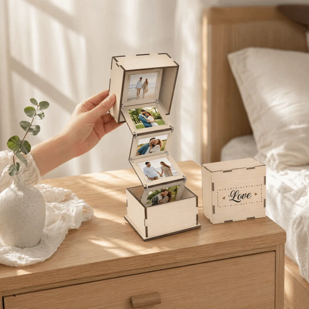 Multi-functional Folding Wooden Photo Storage Box Rustic Handmade Flip Cover Memory Box Vintage Photo Album Box Photo Collection