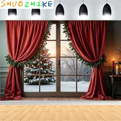 عيد الميلاد يوم السنة الجديدة حفلة خلفيات للتصوير الفوتوغرافي الدعامة نافذة غرفة المعيشة الداخلية شجرة عيد الميلاد الثلوج موضوع صورة خلفية FN-74