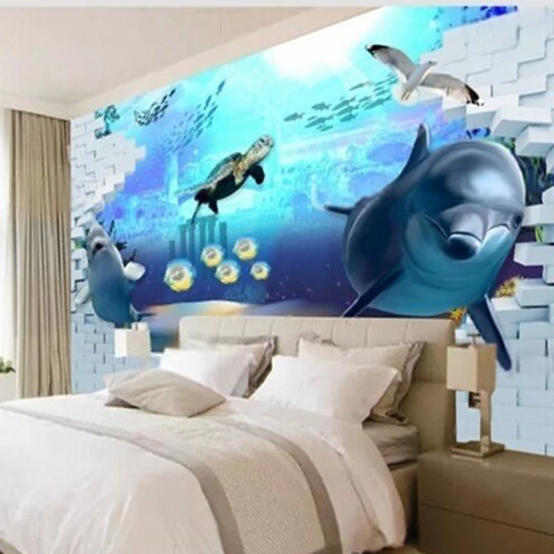Modern 3D stereoscopic underwater world dolphin bedroom luxurious home decoration background wall paper