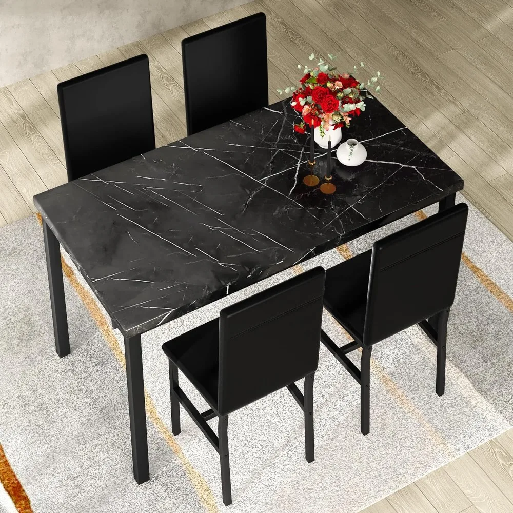 Black Kitchen Table and Chairs for 4, Compact Furniture 5-piece Dining Room Table Set Faux Marble Table