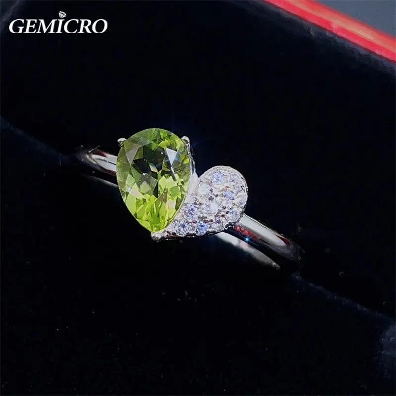 Natural Water Drop Peridot Gemstone Ring with Sterling 925 Silver for Women Lady Wear Engagement Wedding and Festival Gifts