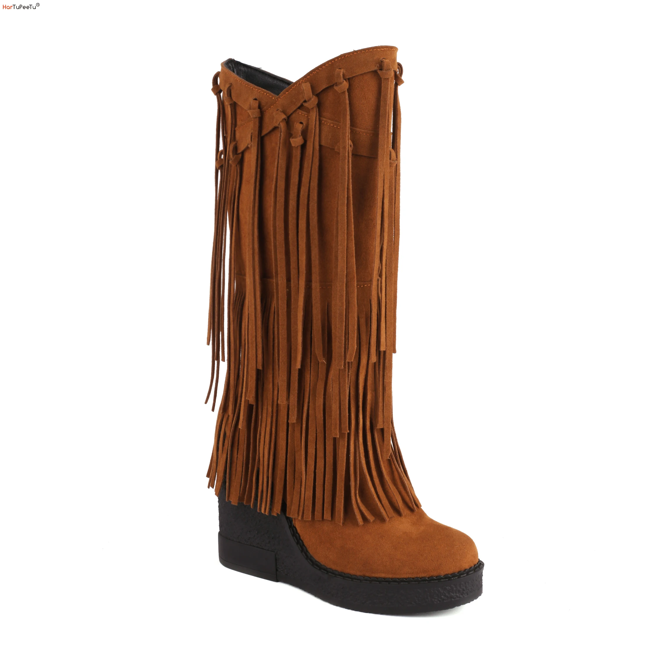 

Women Boots Mid Calf Big Size 43 44 Autumn Winter 2023 Wedges Shoes Flock Tassels Decorate Stylish Comfy Platform High Heels