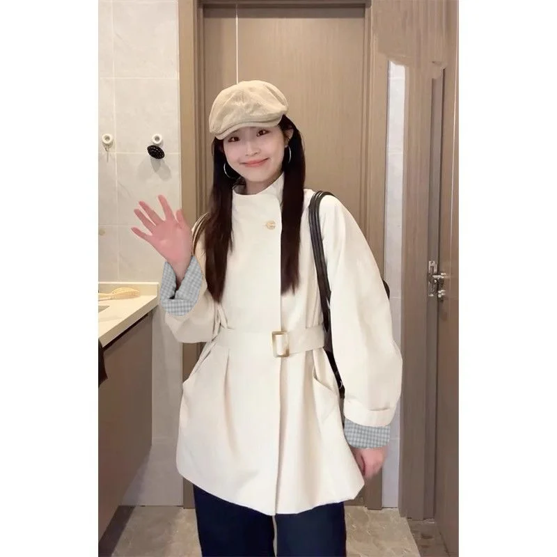 سترة واقية الوقوف طوق معطف الربيع والخريف جديد الخصر صغير متوسط طول معطف الموضة البريطانية فضفاضة