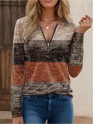 Casual V-neck Long Sleeved Zipper Color Blocked Women's T-shirt High Street Fashion Daily Versatile Autumn Top