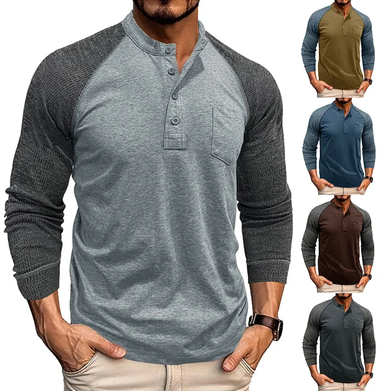 

Autumn Winter Men's Color Matching Long Sleeve Henry Shirt Fashion Round Neck Slim Pullover Top T-shirt Basic Bottoming Shirt