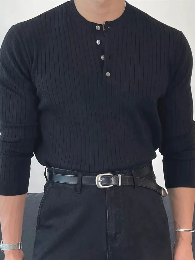 American Style Knitted Long Sleeve Sweatshirt Men's Slim Fit  Shirt with Four Buttons Soft Silk Cotton Embroidery Trendy