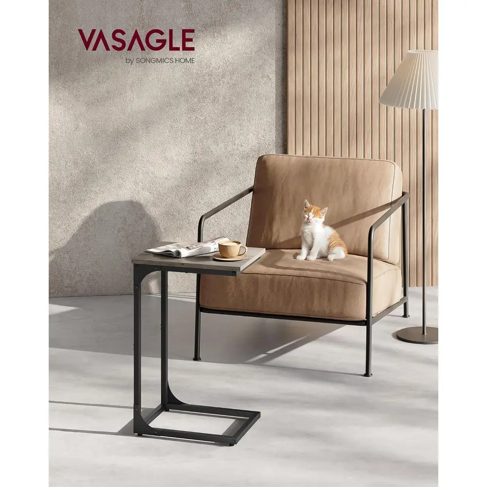 C-Shaped End Table, Small Side Table or Couch, Sofa Table with Metal Legs, Living Room, Bedroom, Bede, Greige and Black