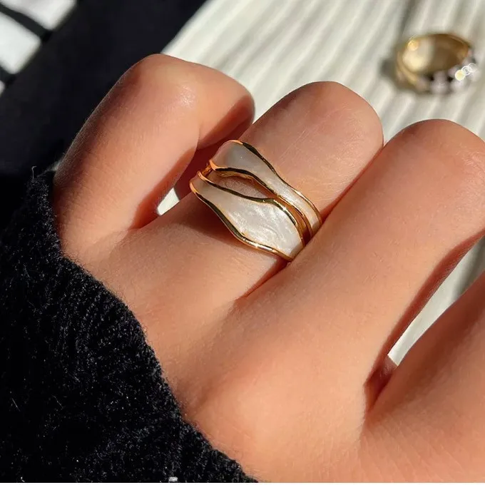 Geometric Double-layer Hollow Ring for Women's Fashion Temperament, Irregular Drop Glaze Color Blocked Open Ring, Ins Style Inde