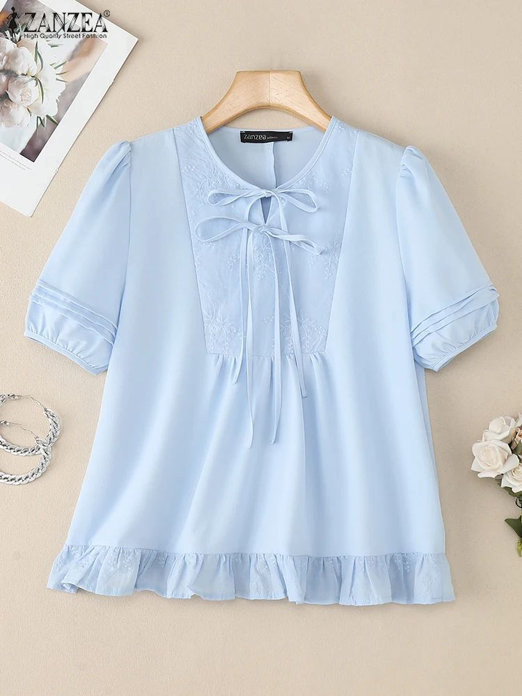 

ZANZEA Women Lace Blouse Fashion Short Puff Sleeve Shirts 2025 Summer Casual Loose Lace-up Patchwork O-Neck Oversized Blusas