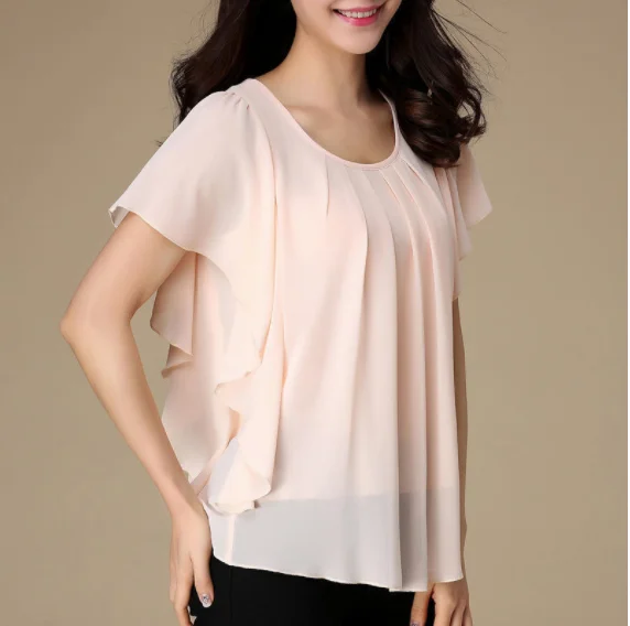 

Summer New Oversized Casual Fashion Pleated Solid Chiffon Shirt Ladies Short Sleeve Loose All-match Pullover Blouse Top Women