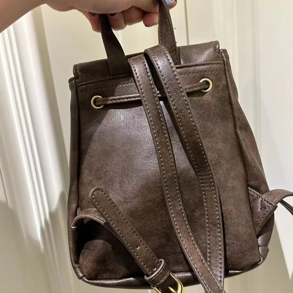 

PU Leather Drawstring Flap Backpack Korean Style Solid Color School Book Back Large Capacity Retro Women Shoulder Bag Gift