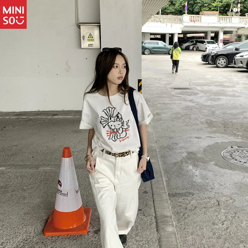 Camiseta de algodón Miniso Hello Kitty, camiseta holgada con borde dulce para verano