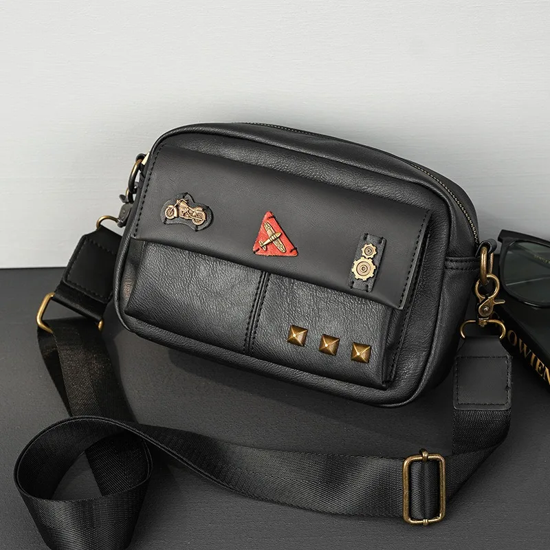 

Fashion Badge Rivet Crossbody Bag Men Shoulder Bag Flap Pockets Square Men's Crossbody Bags Small Shoulder Messenger Bag Male