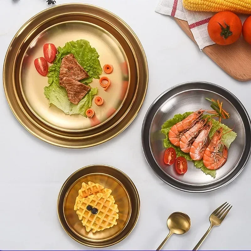 3pcs Gold/Silver Shallow Tray Bone Spitting Dishes Fruit Meat Stainless Steel Dining Disc Round Metal Plates for Picnic, Outdoor