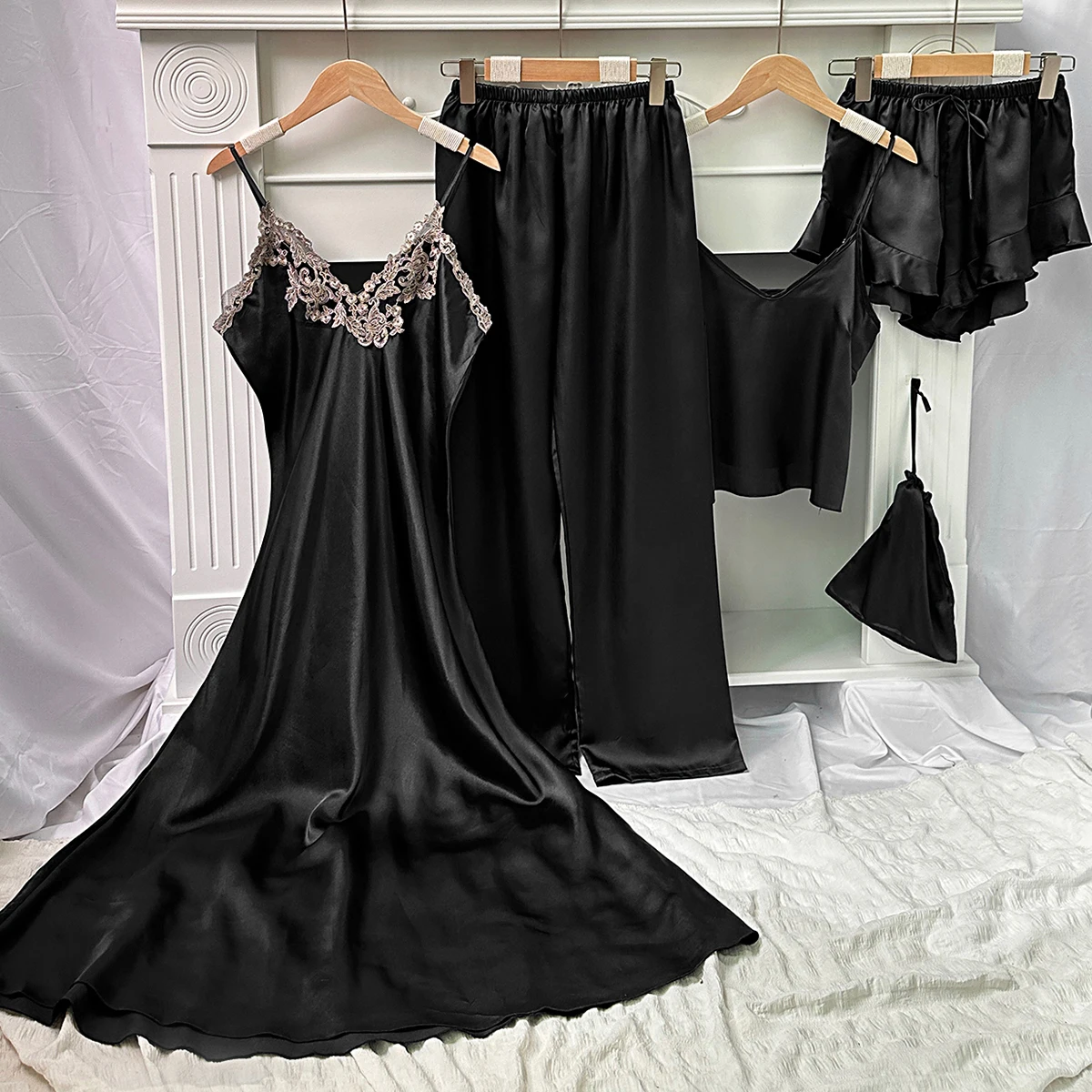 5 Piece Satin Sleep Set  Lace Trim Slip Dress   Cami Top  Ruffle Shorts  Lounge Pants  Women\'s Loungewear   Sleepwear