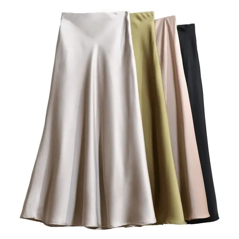 

Elegant Office Lady Acid Satin Fishtail Midi Skirt Women’s Smooth Textured High Waist for Spring Summer Flowy Long Flare Skirt