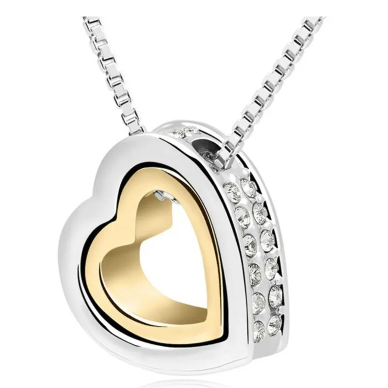 Float double Heart Pendant sweater chain Necklace quality crystal shine rhinestone charm birthday gift girls wed fashion jewelry