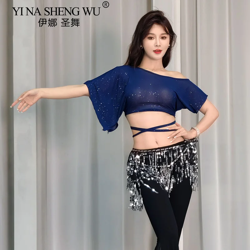 

Belly Dancing Costume Tops Sexy Mesh Short Sleeve Practice Suit Oriental Dance Professional Tops for Women Sequined Short Sleeve