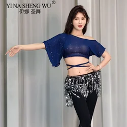 Belly Dancing Costume Tops Sexy Mesh Short Sleeve Practice Suit Oriental Dance Professional Tops for Women Sequined Short Sleeve