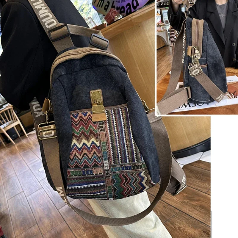 Chikage Large Capacity Multi-function Canvas Bag Vintage Embroidery Ethnic Style Denim Backpack Ladies Travel Backpack