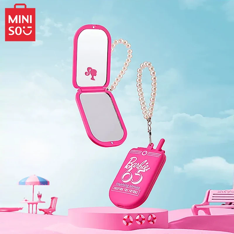 Genuine MINISO Barbie mobile phone folding mirror mini portable handheld double-sided makeup mirror pendant jewelry gift