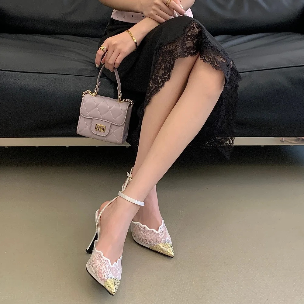 Aneikeh Elegant White Lace Slingback Stiletto Heels Pointed Toe Ankle Strap Buckle Sandals Wedding Party Ladies Dress Pumps