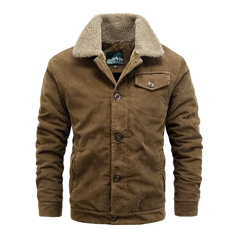 

Men's Corduroy Jacket Autumn Winter New Solid Colour Casual Loose Outdoor Travel Hair Collar Jacket Men's Warm Cotton Clothes