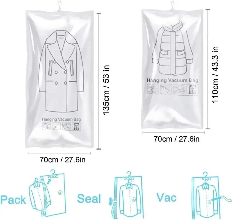 Hanging Vacuum Space Saver Bags Closet Organizer Storage Bags, Vacuum Seal Clear Bags for Clothes, Suits, Dress Or Jacke