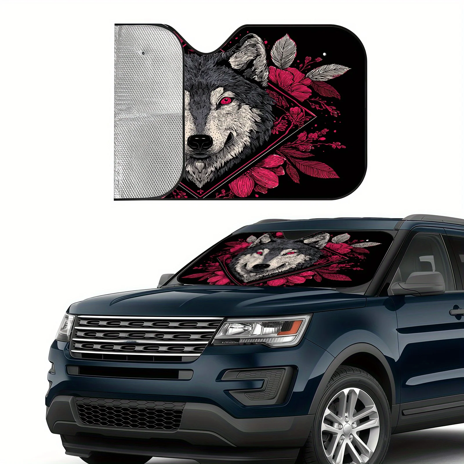 Floral Wolf Head Illustration Car Sunshade, Trendy Decorative Style, Heat Insulation And Sun Protection, Keeps Car Interior Cool
