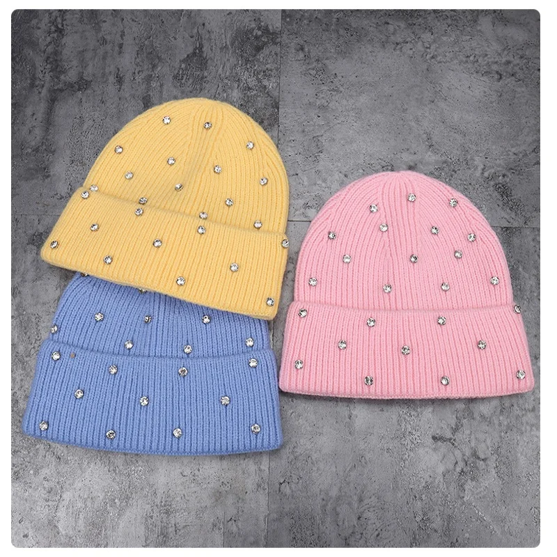 Winter Gestrickte Beanie Frauen Mode Strass Perlen Stricken Hüte Damen Casual Skullies Kappe Weibliche Einfarbig Casual Knochen – Detail 3