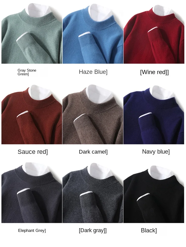 Herren-Pullover aus 100 % reiner Merinowolle, halbhoher Ausschnitt, einfarbig, Übergröße, lässiger Pullover, Herbst- und Wintersport-Kaschmir-Oberteil – Detail 12