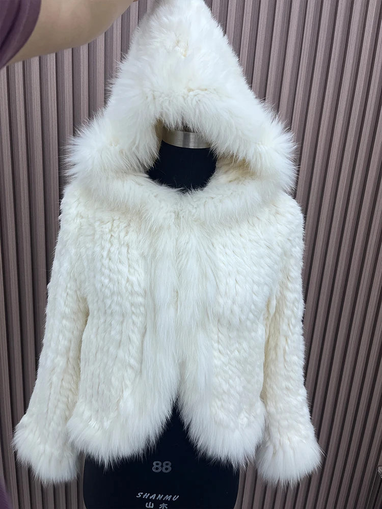 New Women's Natural Rabbit Fur Coats Knitted Real Fox Fur Hooded Jackets Luxury Female Overcoat Clothing