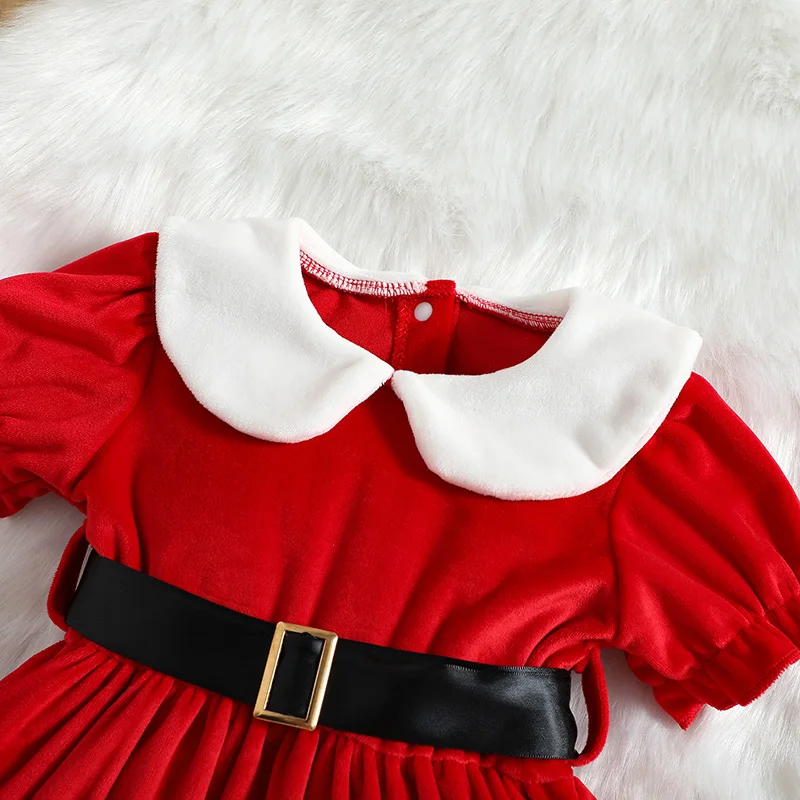 Toddler Baby Girls Christmas Party Dress Red Short Sleeve Doll Collar Princess Dress with Belt Hat Xmas Outfit