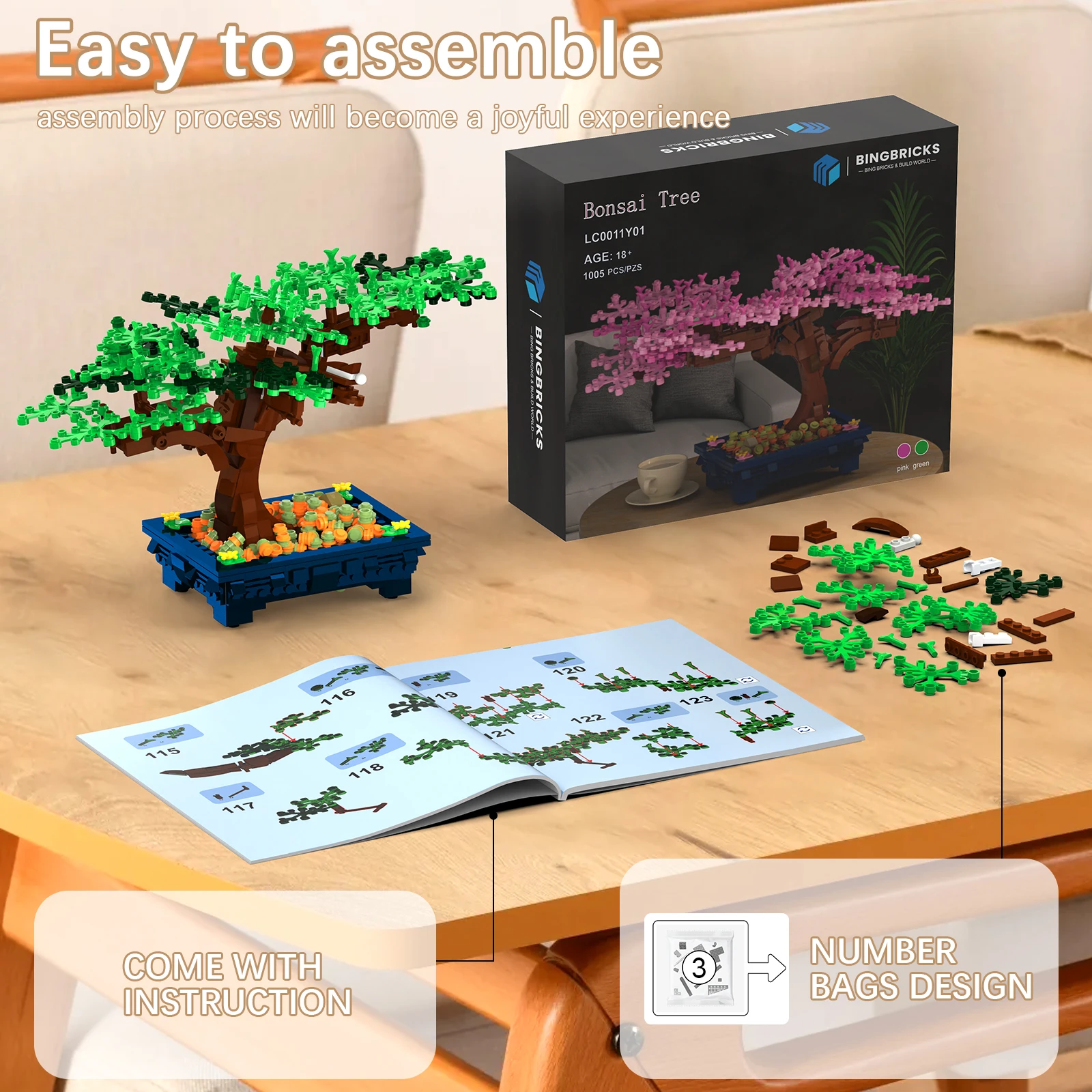 مجموعة بناء شجرة بونساي 817 قطعة |   تصميم نباتي واقعي للبالغين (ديكور لتخفيف التوتر) والأطفال (لعبة تعليمية)