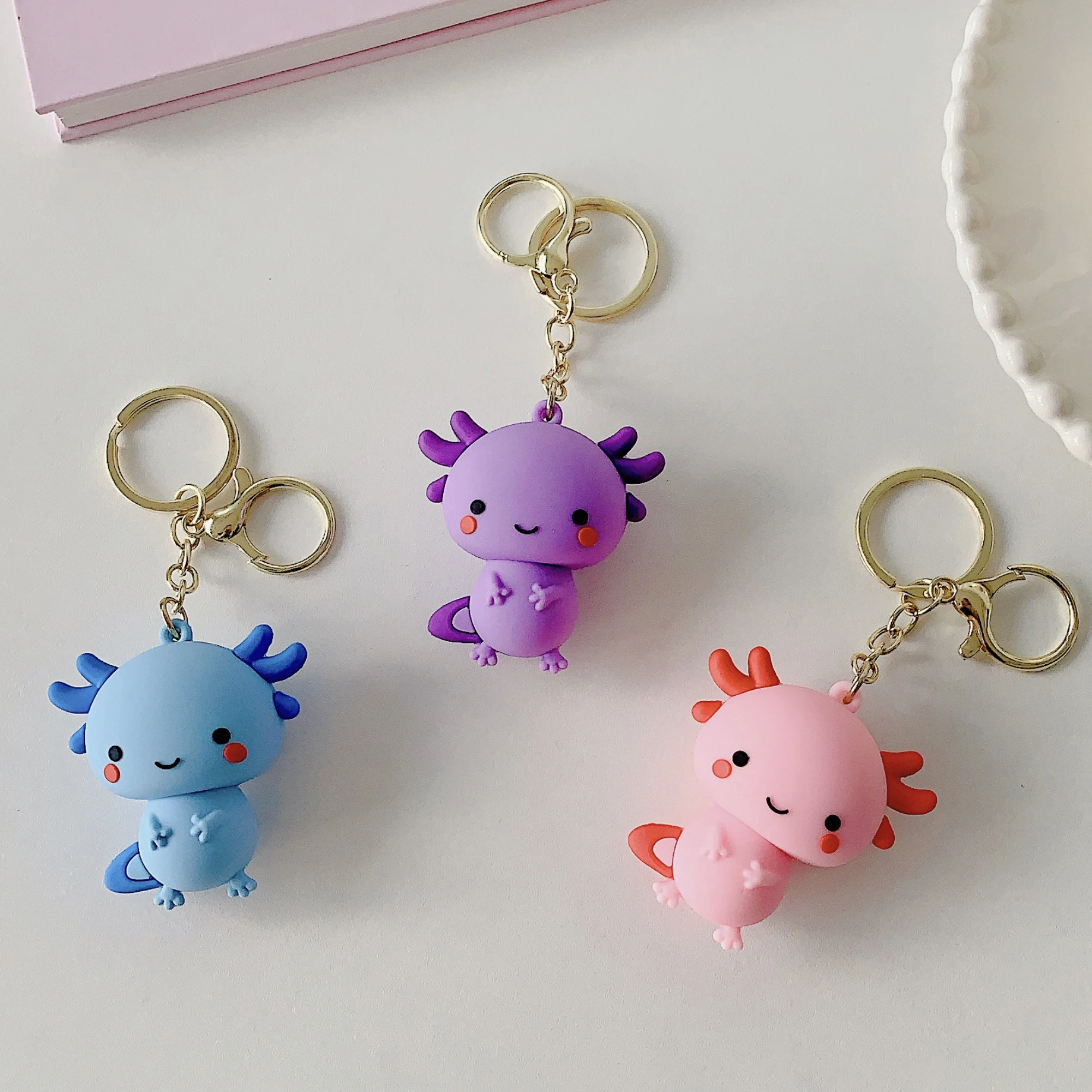 Lovely Axolotl Charm Key Chain for Girls Pink Blue Fish PVC Pendant Keyring Fashion Animal Ornaments for Pet Lovers Souvenirs