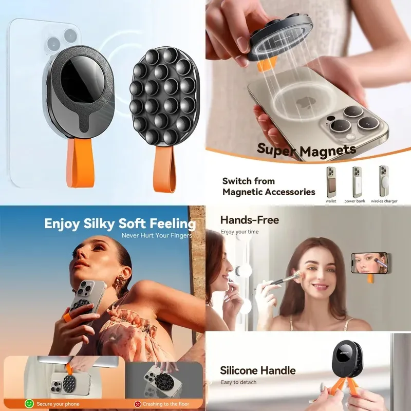 

2025 Upgraded Magnetic Suction Phone Mount - 360° Rotatable for Mirror/Shower, Silicone Grip Stand for iPhone/Android