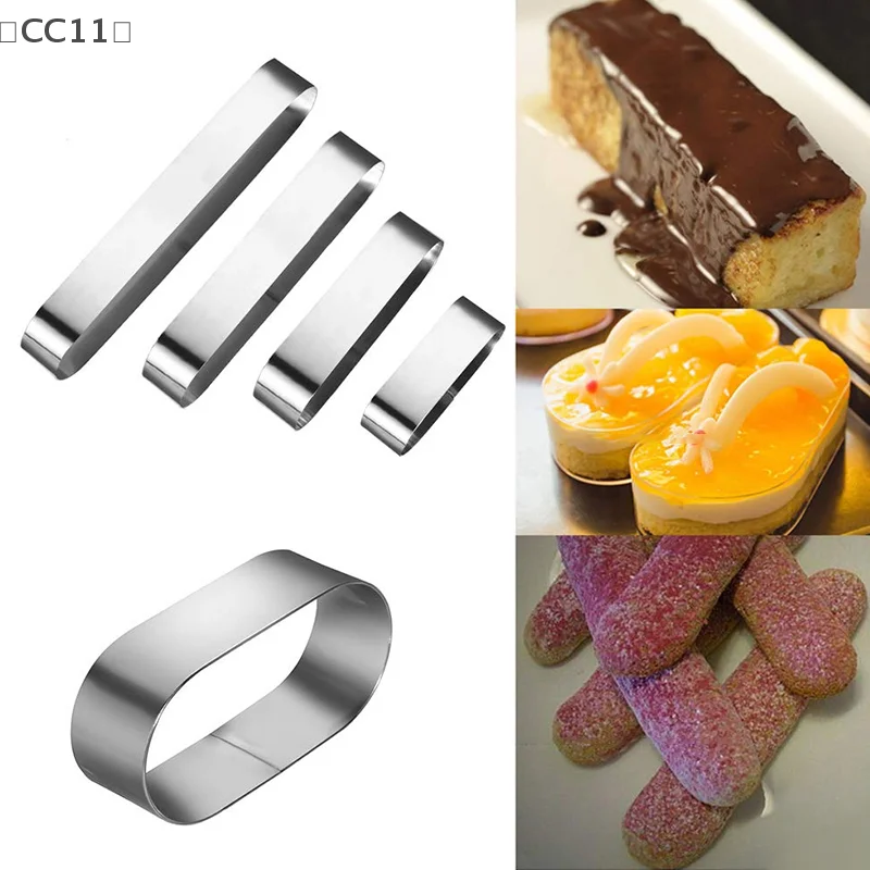 [[CC11] 4 أحجام من الفولاذ المقاوم للصدأ حلقة موس مستطيلة بيضاوية على شكل كعكة قواطع البسكويت قالب خبز موس أدوات خبز منتفخة من تيراميسو