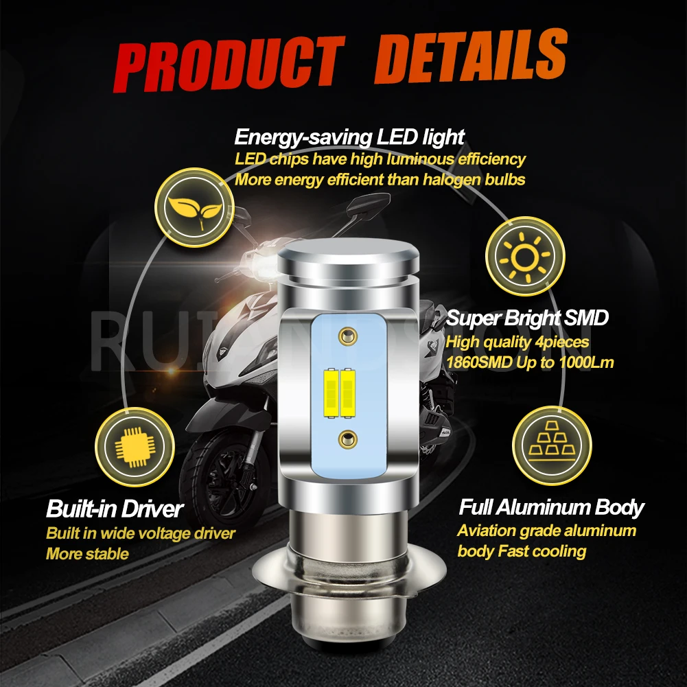 RUIANDSION 18W H6M P15D P15D-25-1 LED Motorcycle Headlight Bulb Motorbike Headlamp AC12-20V/DC11-30V White Yellow High/Low Beam