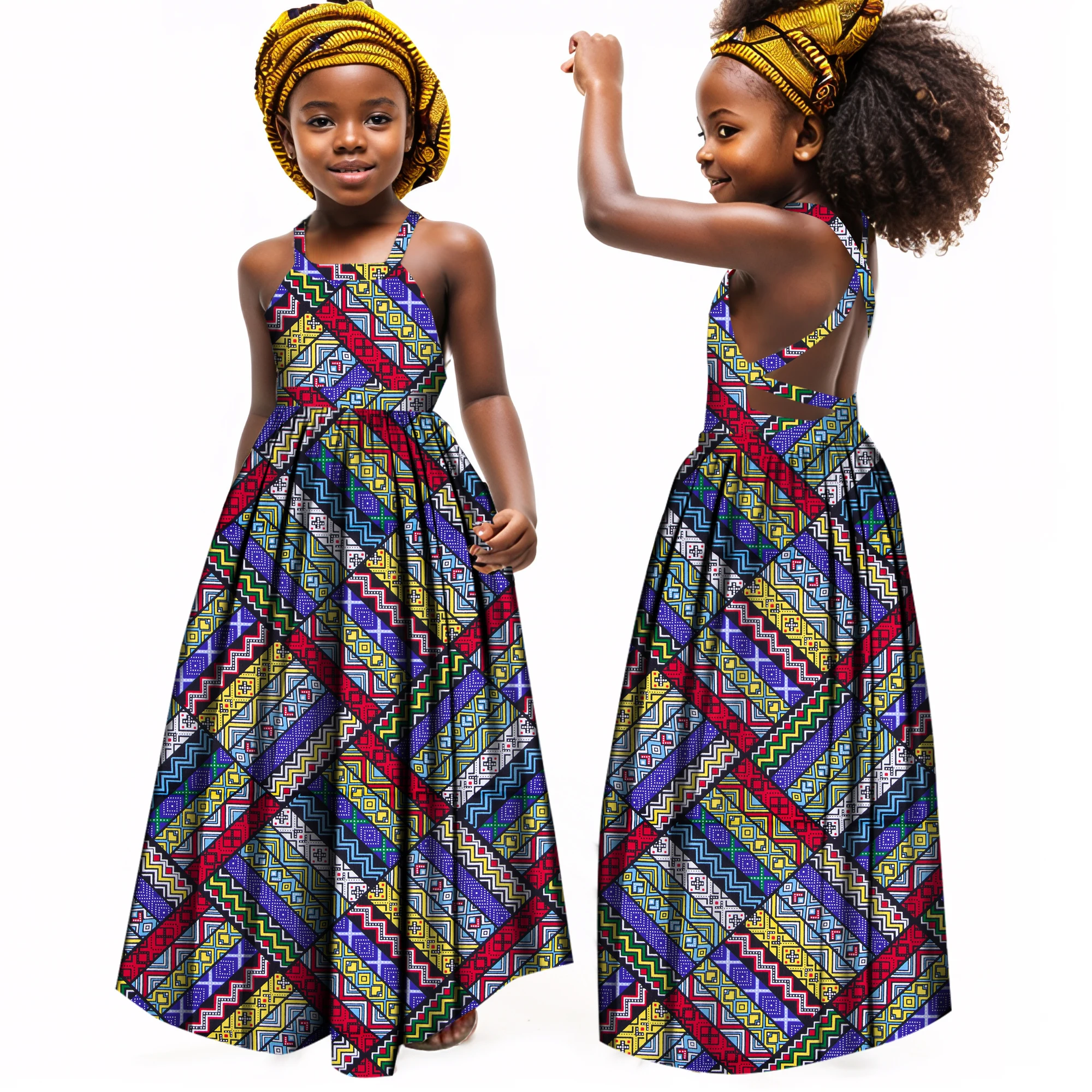 African Dresses for Girls Dashiki Children Clothes Ankara Fashion Floral Print Halter Long Dresses Kids African Clothes WYT728