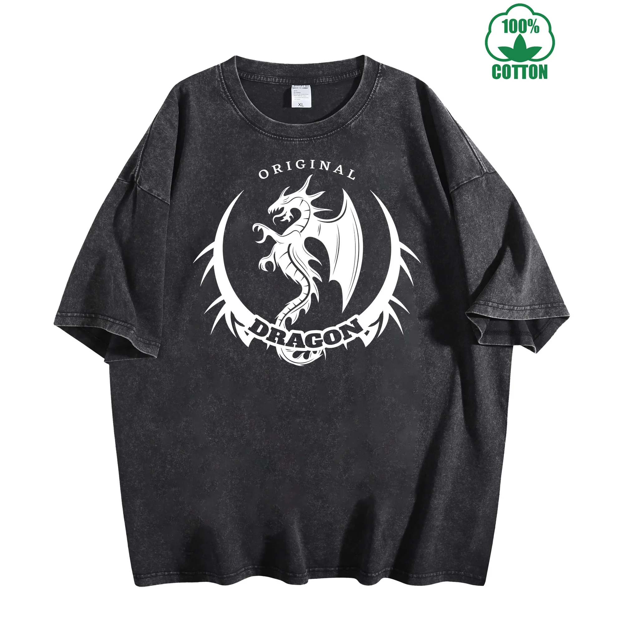 

Оригинальная винтажная потертая футболка с тотемом дракона, 230 г, 100% хлопок, удобная уличная одежда большого размера, унисекс