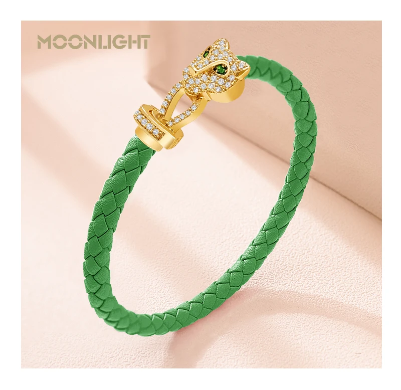 MOONLIGHT Classic Design Exquisite Cheetah Zircon Bracelet for Women Braided Leather Bracelet Quality Banquet Couples Gift