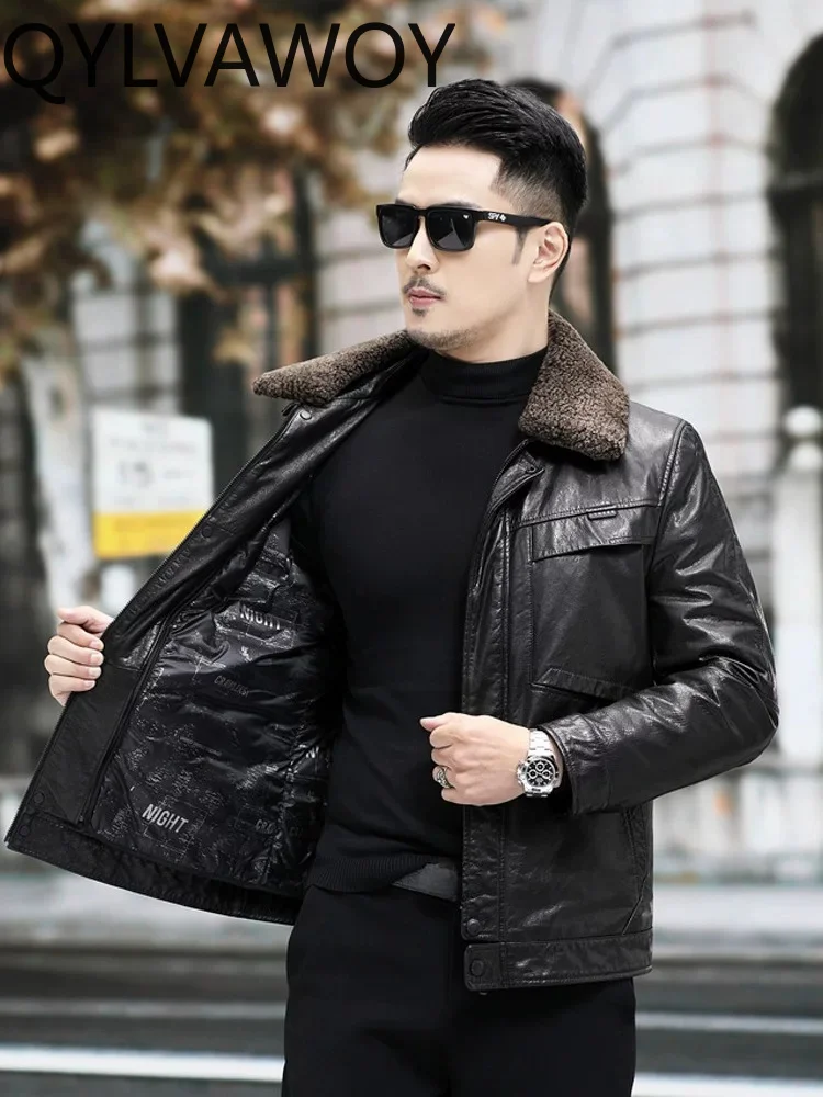 QYLVAWOY Genuine Leather Down Jacket Man Winter Lamb Fur Collar 100% Top Layer Cowhide Real Leather Coat Detachable Down Liner