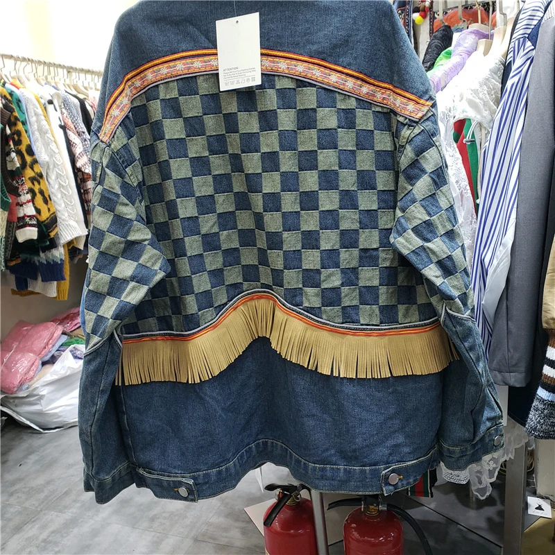 Harajuku Vintage Etnische Stijl Omzoomd Stiksels Vrouwen Denim Jas Blauw Zwart Herfst Casual Lange Mouw Revers Jeans Jas Vrouwelijke