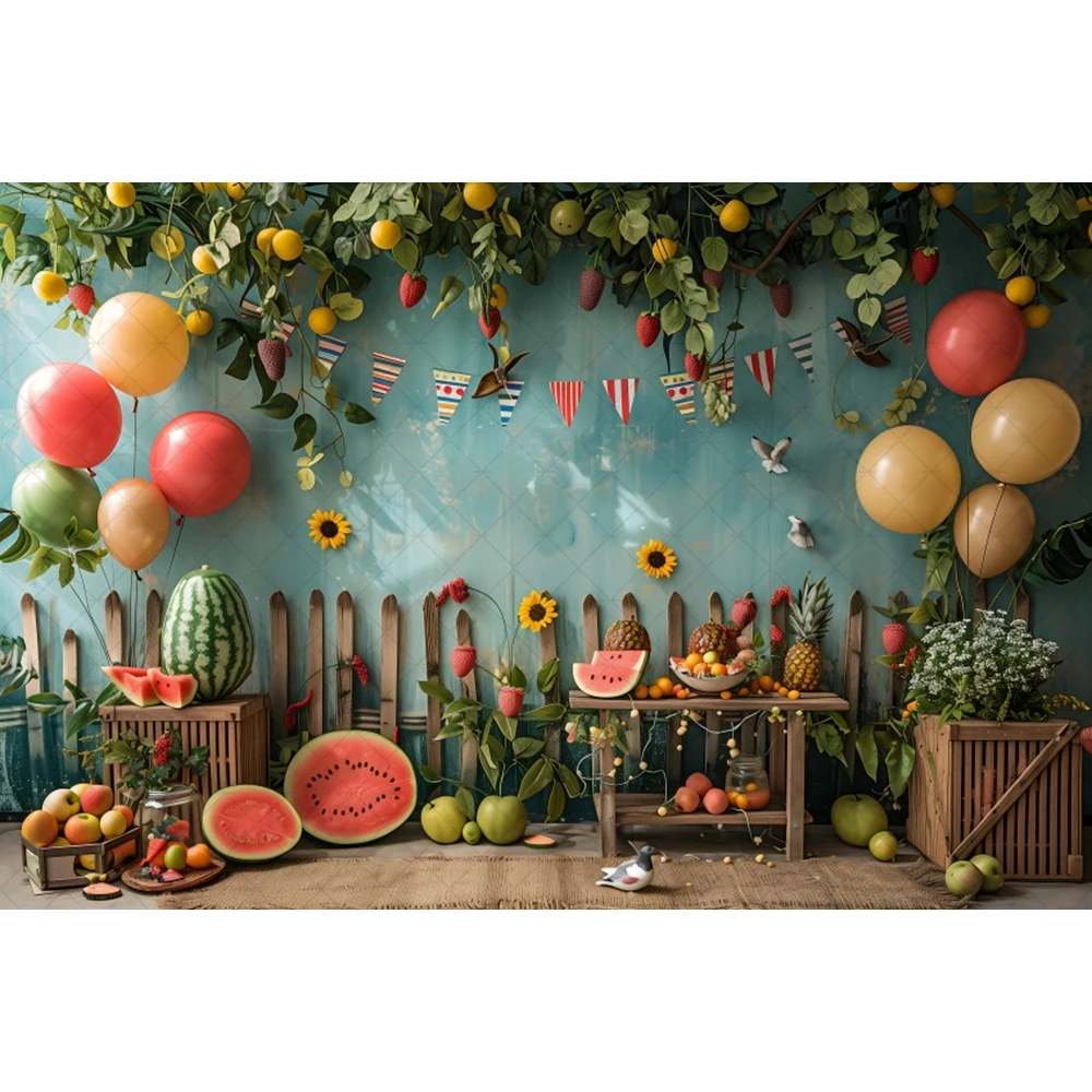 Fond de photographie de fête d'été, joyeux anniversaire, plage, mer, fruits tropicaux, décor de toile de fond, portrait d'enfants, accessoires de studio Smash Cake