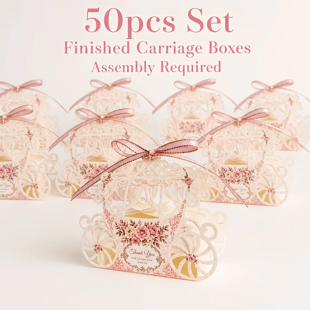 ピンクのリボン付きプリンセスキャリッジ型ギフトボックス50個、おとぎ話のウェディングキャンディボックス、透かし彫りの花柄紙製ギフトボックス