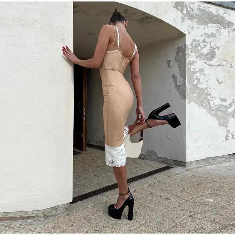 Sheer Mesh Overlay Spaghetti Strap Midi Dress Set Waist Cinched Sleeveless 2026 Summer Women Accessories Classy Lady Outfit