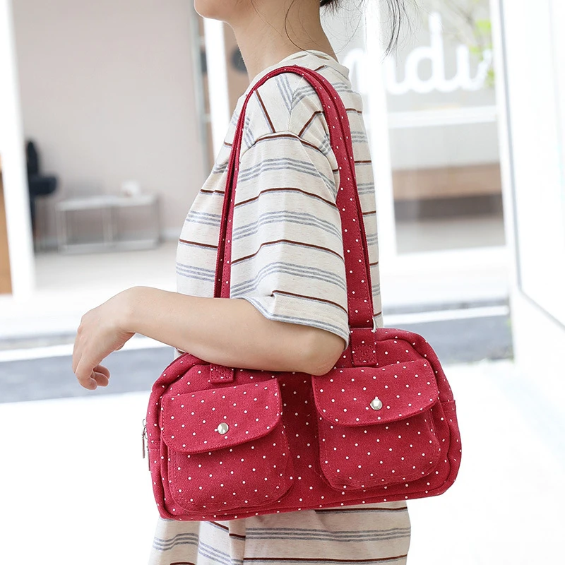 Mehrfach-Taschen-Schultertasche mit Polka Dots, Damen-Canvas-Tragetasche, Koreanische Lässige Süße Niedliche Pendler-Einkaufs-Reisetasche – Detail 21