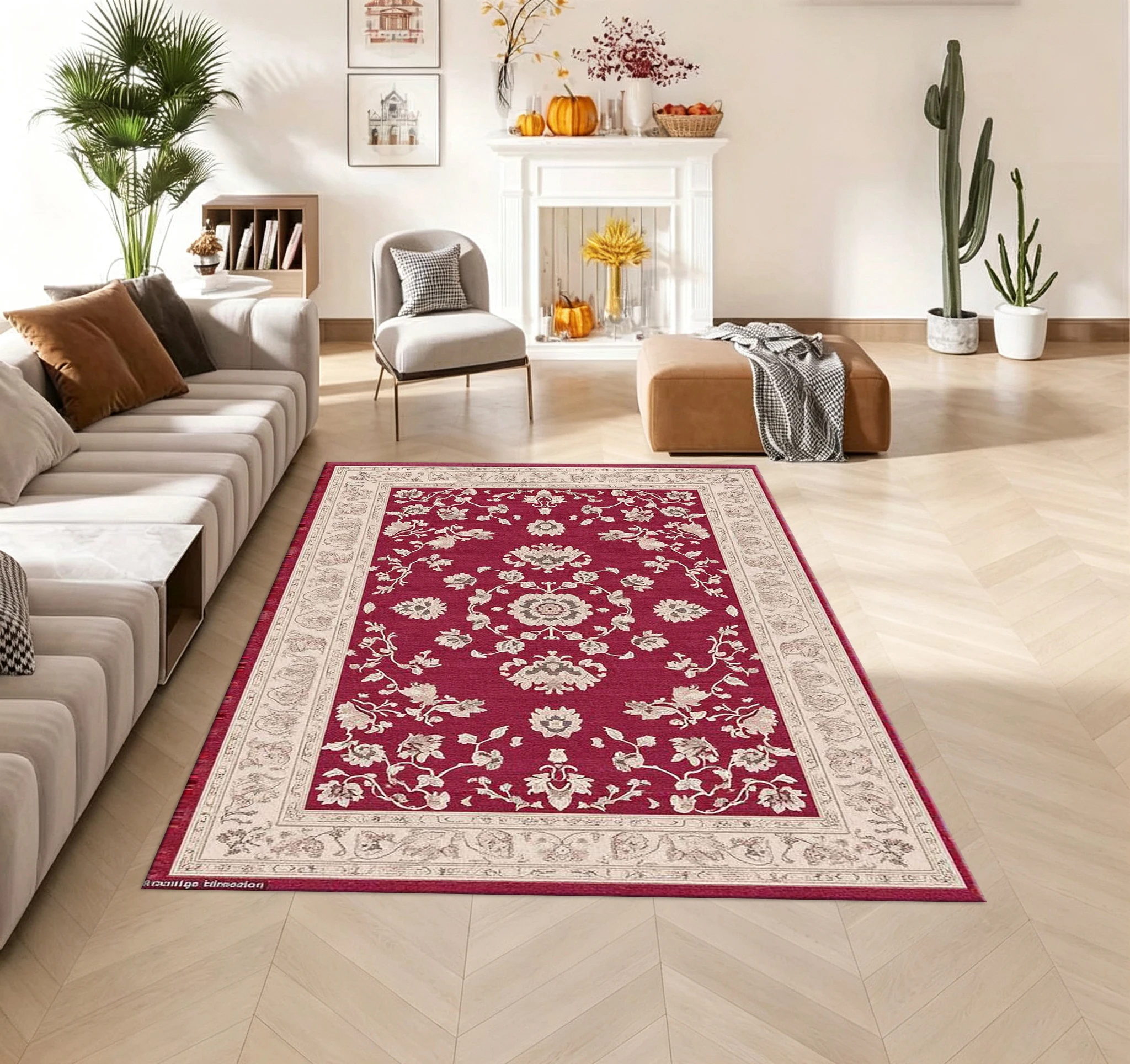Vintage Oriental Floral Carpet Floor Decoration Classic Floral Border Printed Carpet Living Room Bedroom Floor Mat