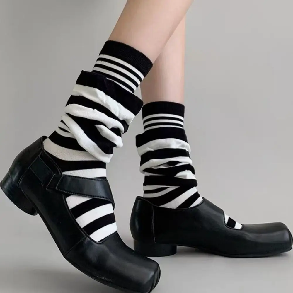 

4Pairs Fake Two Piece Ruffle Stripe Stocking Loose Patchwork Striped Pile Socks Elastic Comfortable Women's Leg Warmers