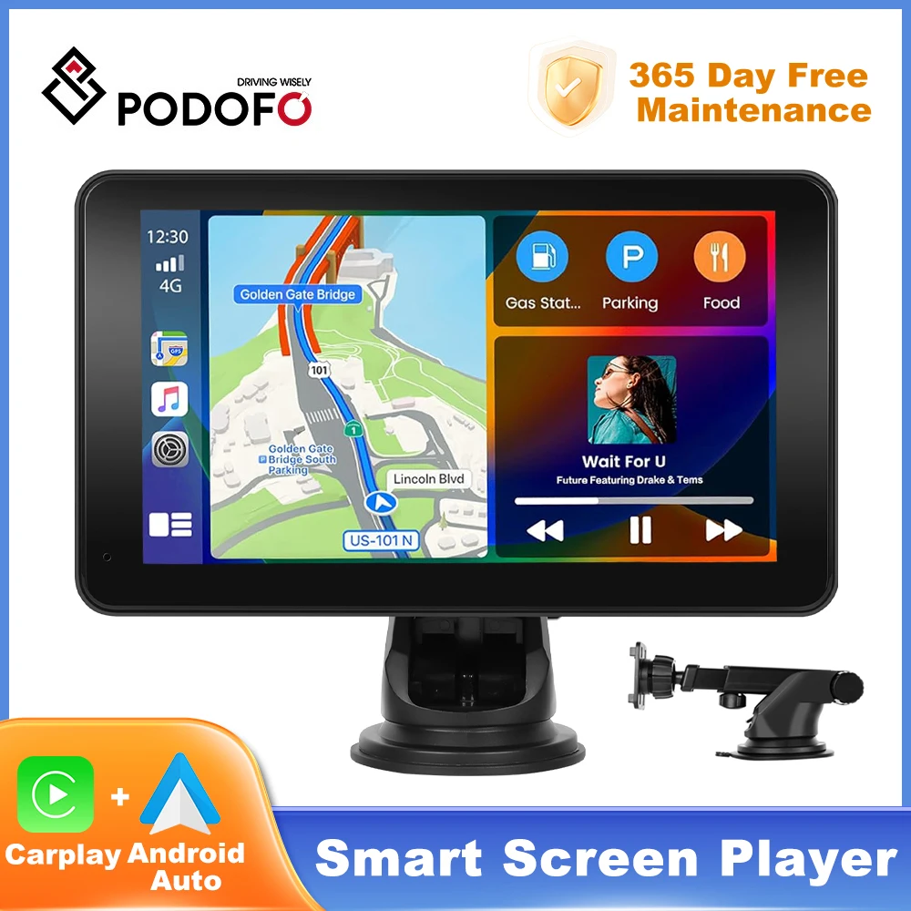 Podofo 7-inch Wireless CarPlay Android Auto Support Bluetooth Apple Airplay for Cars Trucks Van Support Rear Camera